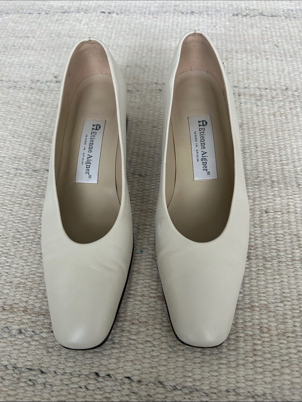 Vintage Etienne Aigner Cream Leather Square Toe Block Heel Pumps Made in Spain